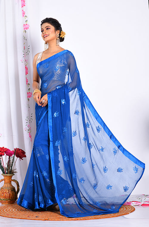 Morchari Heavy Embroidery Saree - Blue - Distacart