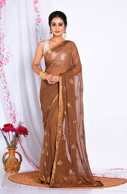 Morchari Heavy Embroidery Saree - Brown - Distacart