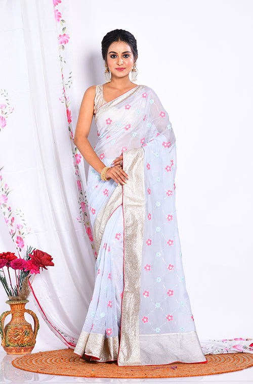 Morchari Heavy Embroidery Saree - Light Blue - Distacart