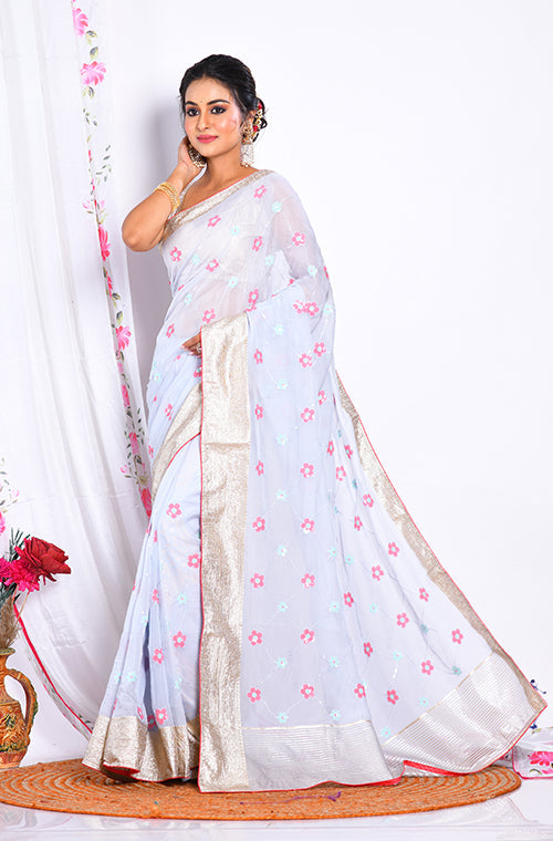 Morchari Heavy Embroidery Saree - Light Blue - Distacart
