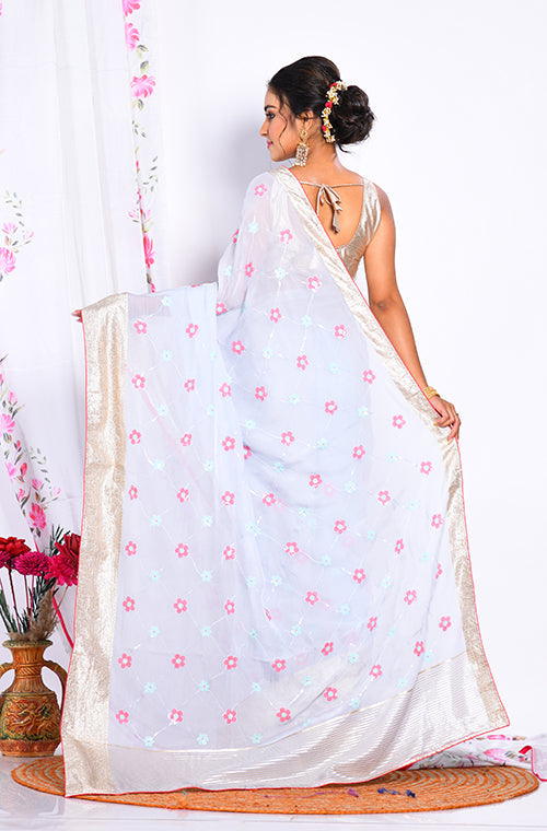 Morchari Heavy Embroidery Saree - Light Blue - Distacart