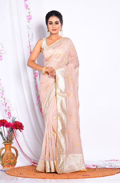Morchari Heavy Embroidery Saree - Cream - Distacart