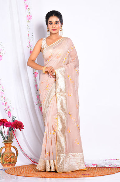 Morchari Heavy Embroidery Saree - Cream - Distacart