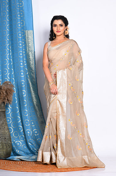 Morchari Heavy Embroidery Saree - Beige - Distacart