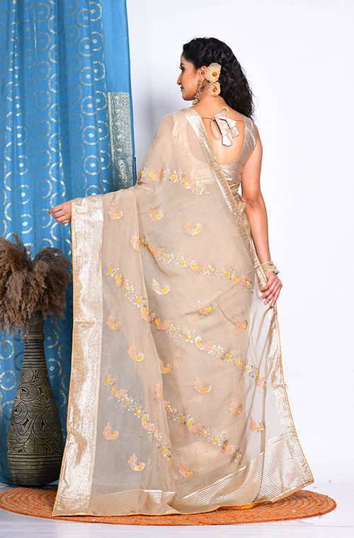 Morchari Heavy Embroidery Saree - Beige - Distacart