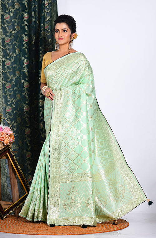 Morchari Pure Dola Silk Saree - Light Green - Distacart