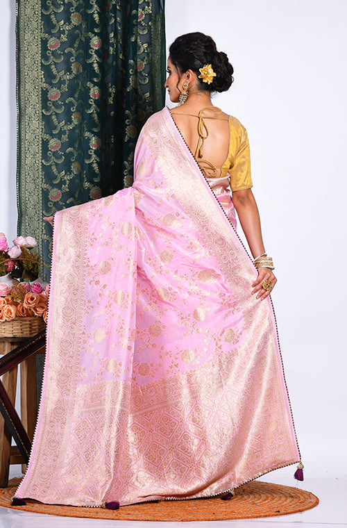 Morchari Pure Dola Silk Saree - Light Pink - Distacart