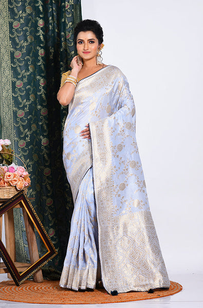 Morchari Pure Dola Silk Saree - Light Grey - Distacart