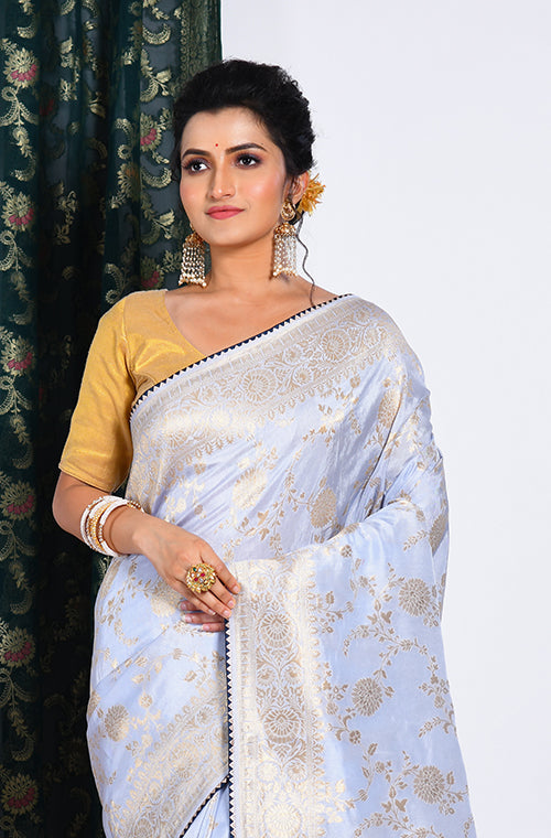 Morchari Pure Dola Silk Saree - Light Grey - Distacart