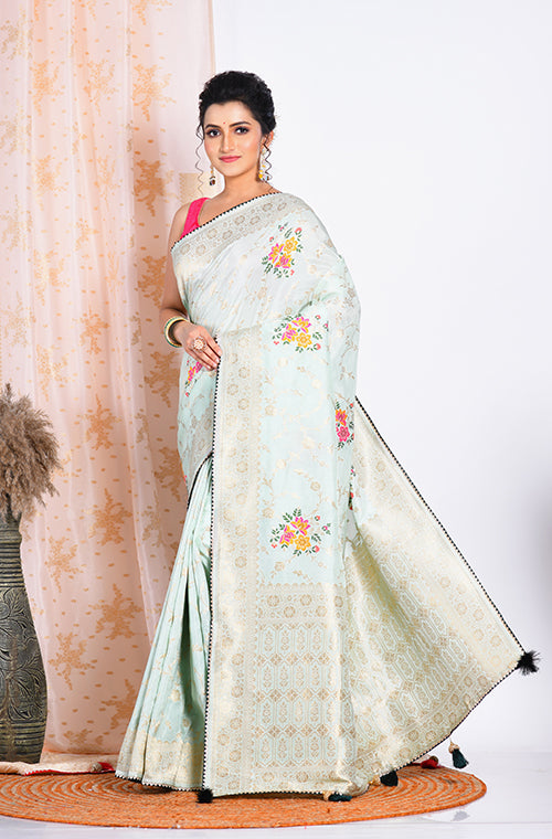 Morchari Pure Russian Silk Saree - Green - Distacart