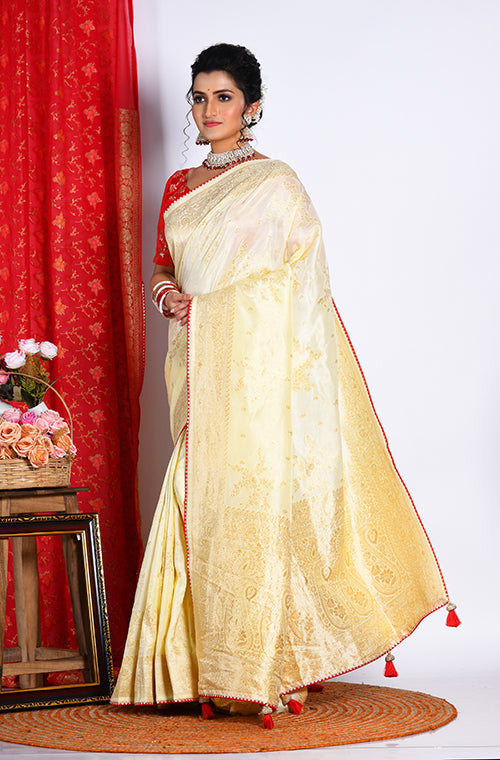 Morchari Pure Russian Silk Saree - Light Yellow - Distacart