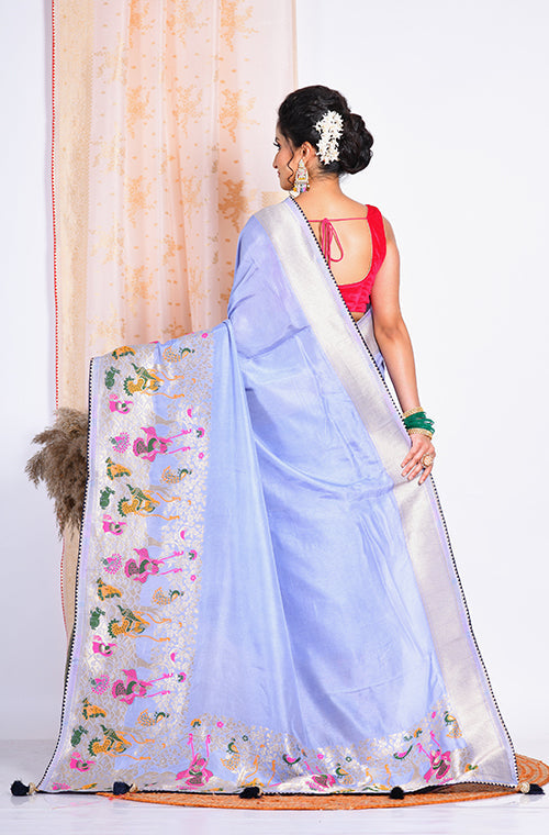 Morchari Pure Russian Silk Saree - Light Blue - Distacart