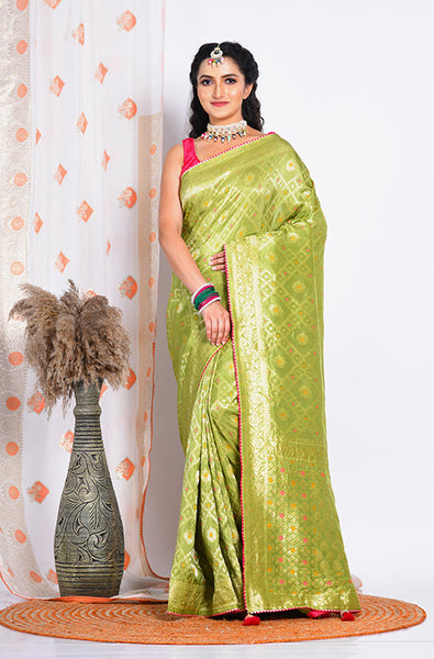 Morchari Pure Russian Silk Saree - Green - Distacart