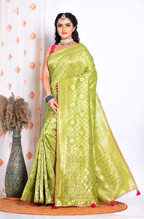 Morchari Pure Russian Silk Saree - Green - Distacart