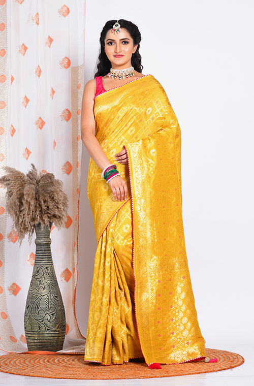 Morchari Pure Russian Silk Saree - Yellow - Distacart