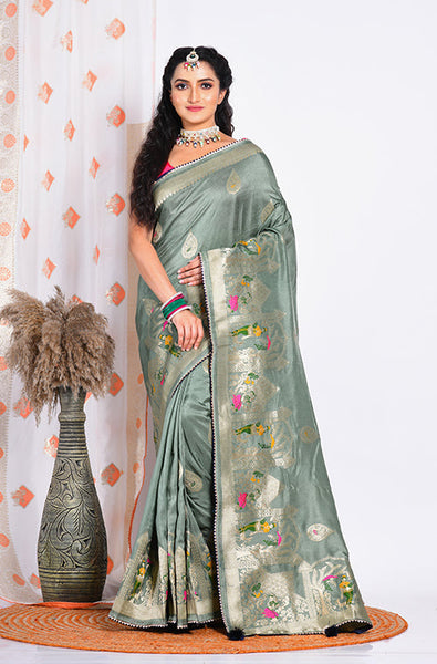 Morchari Pure Russian Silk Saree - Green - Distacart