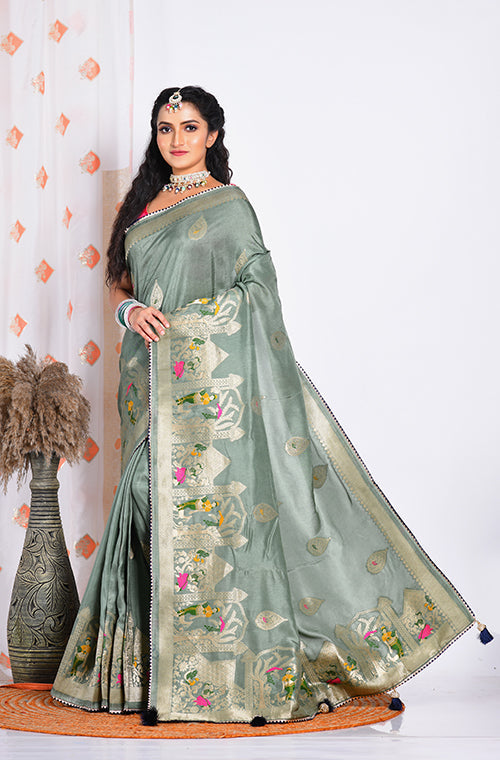 Morchari Pure Russian Silk Saree - Green - Distacart