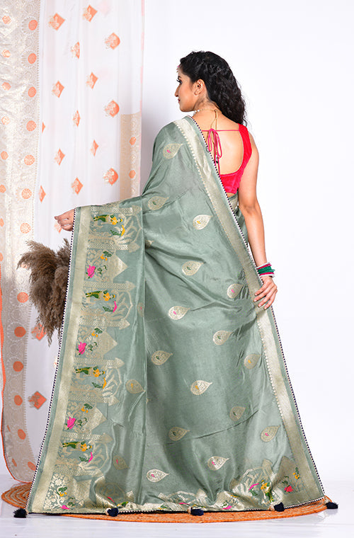 Morchari Pure Russian Silk Saree - Green - Distacart