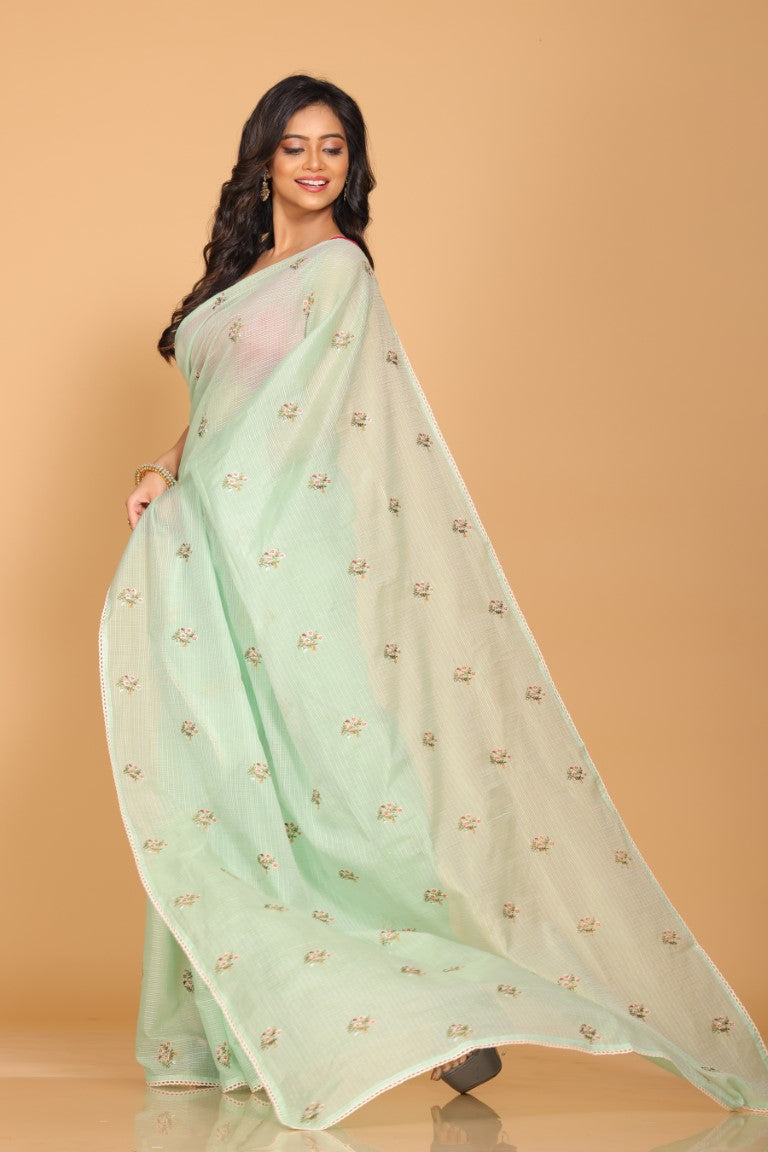 Morchari Kota Embroidery Saree - Green - Distacart