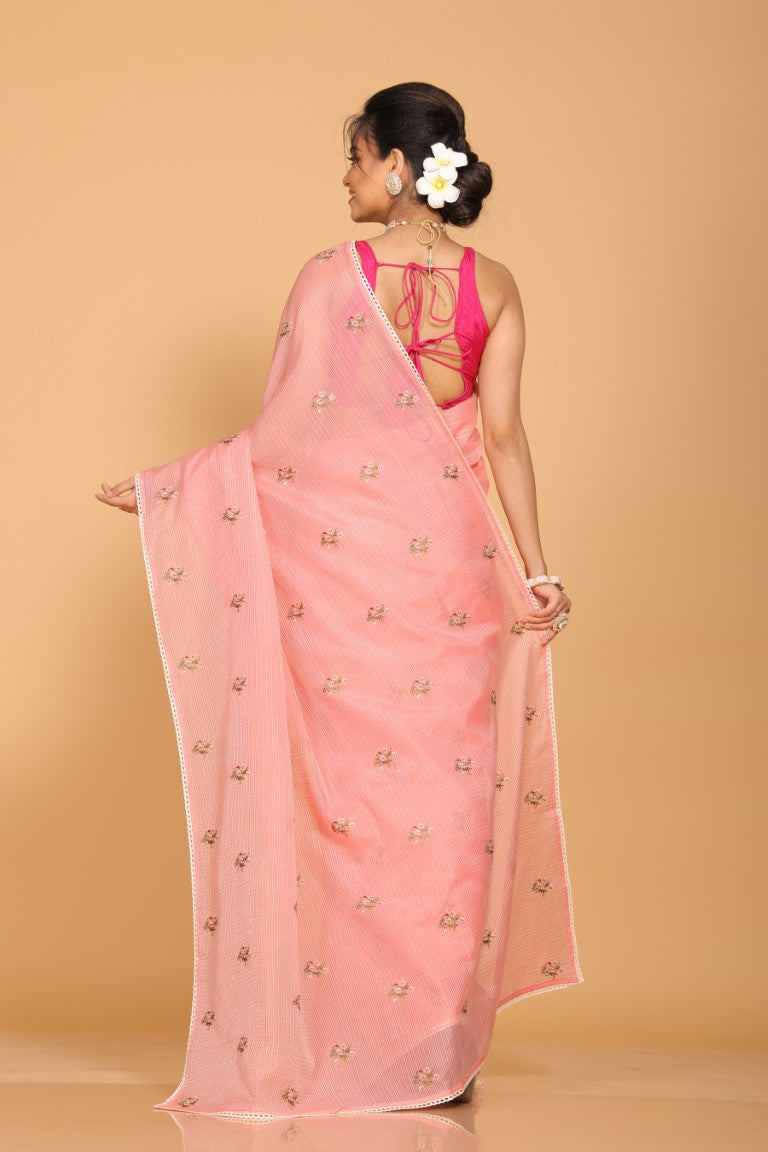 Morchari Kota Embroidery Saree - Peach - Distacart