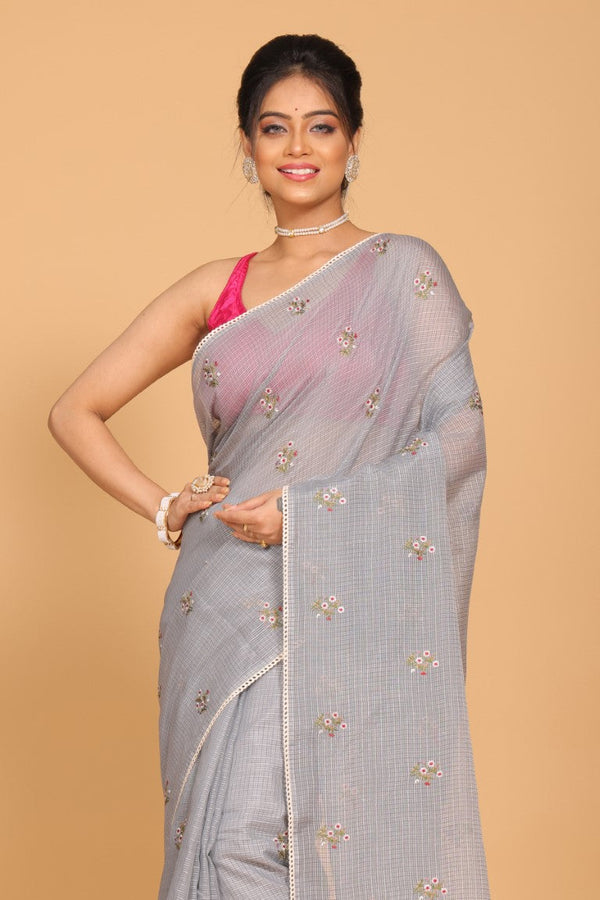Morchari Kota Embroidery Saree - Grey - Distacart