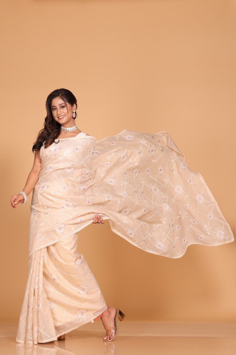 Morchari Kota Embroidery Saree - Beige - Distacart