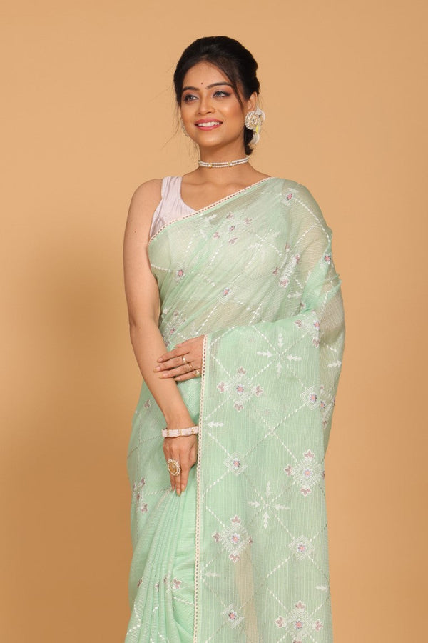 Morchari Kota Embroidery Saree - Green - Distacart