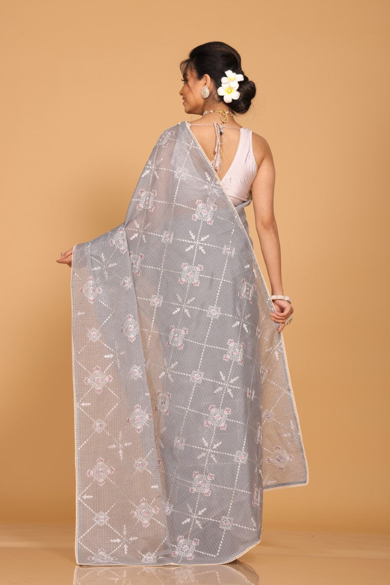 Morchari Kota Embroidery Saree - Grey - Distacart