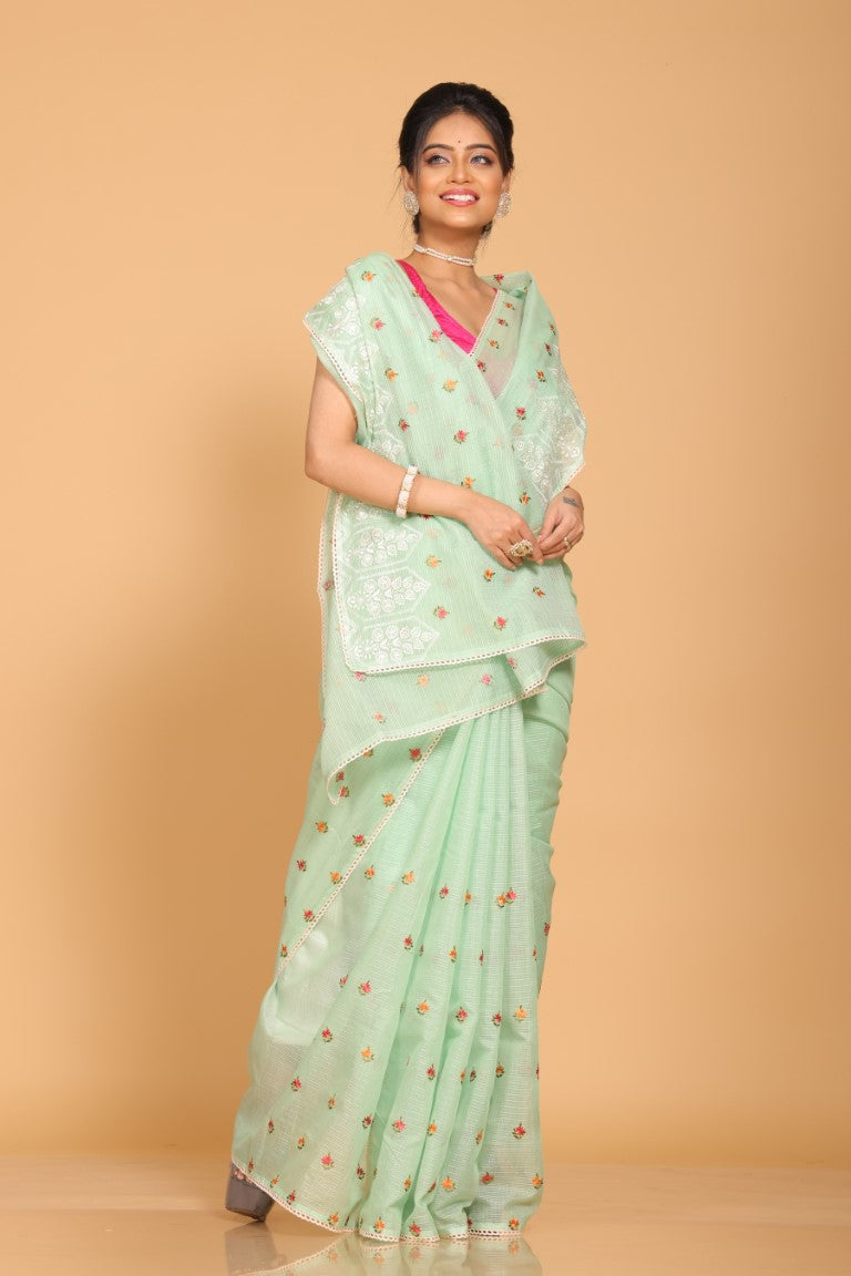 Morchari Kota Embroidery Saree - Green - Distacart