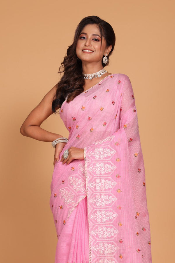 Morchari Kota Embroidery Saree - Pink - Distacart