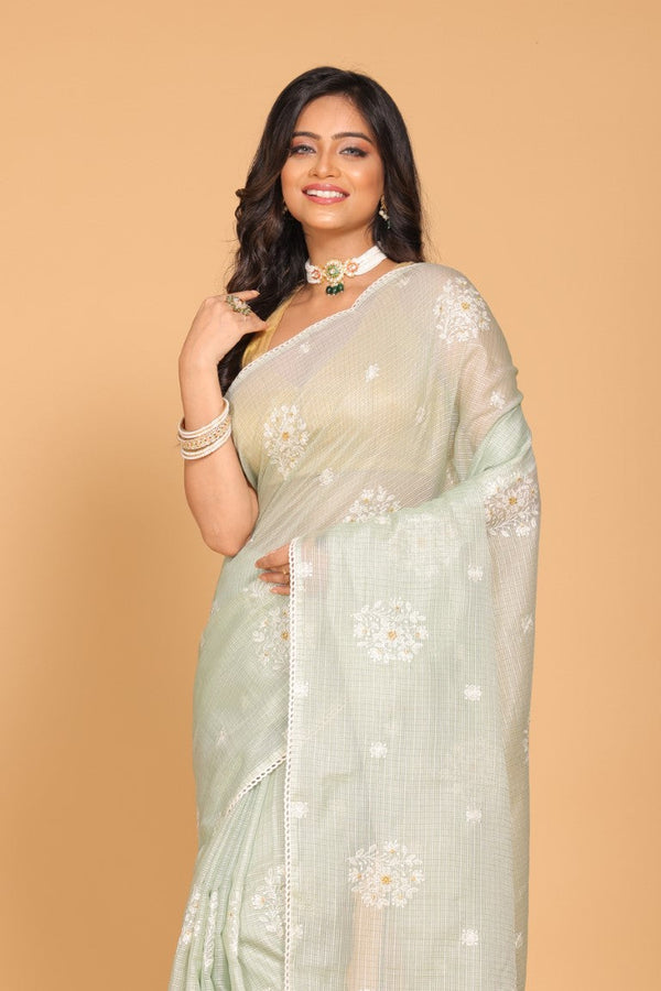 Morchari Kota Embroidery Saree - Green - Distacart