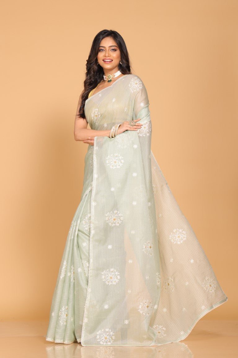 Morchari Kota Embroidery Saree - Green - Distacart