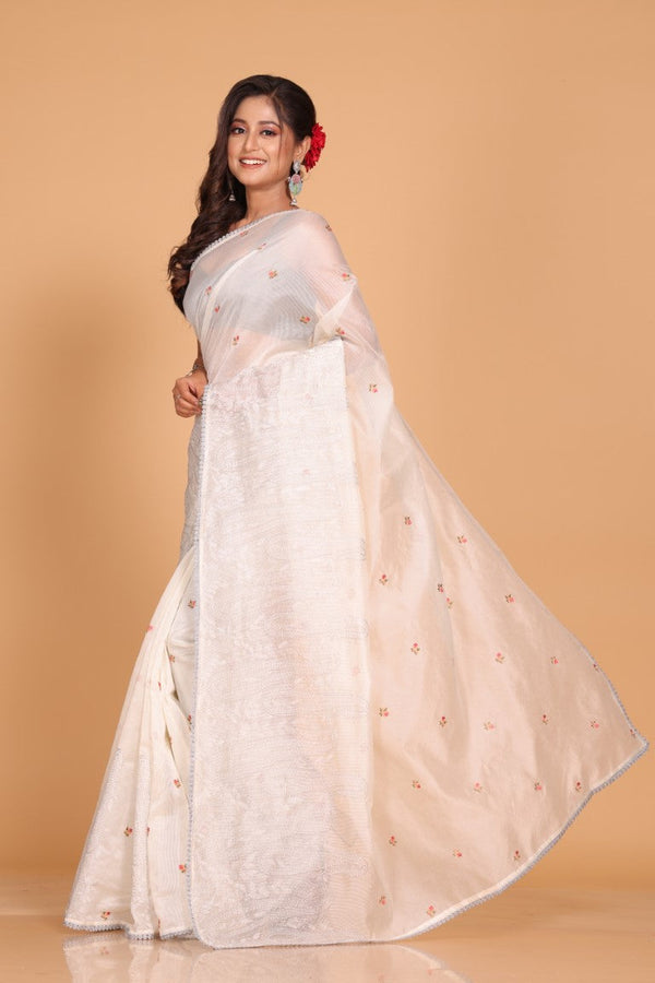 Morchari Supernet Cotton Embroidery Saree - Off White - Distacart