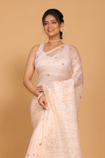 Thumbnail for Morchari Cotton Supernet Embroiedery Saree - Light Peach - Distacart