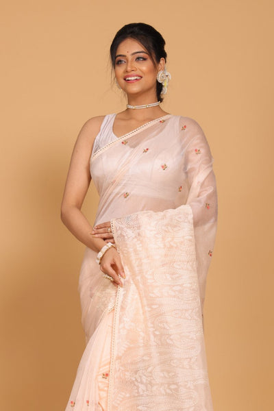 Morchari Cotton Supernet Embroiedery Saree - Light Peach - Distacart