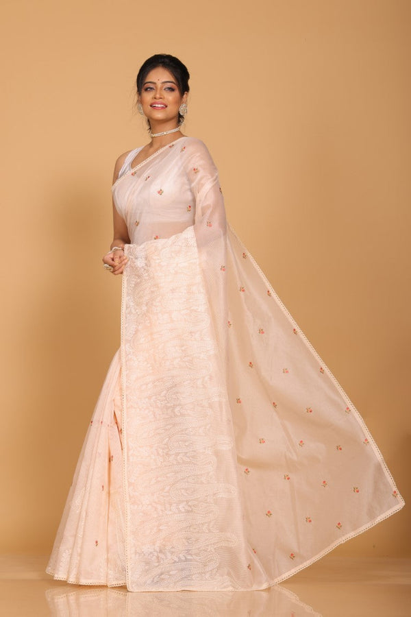 Morchari Cotton Supernet Embroiedery Saree - Light Peach - Distacart