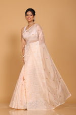 Thumbnail for Morchari Cotton Supernet Embroiedery Saree - Light Peach - Distacart