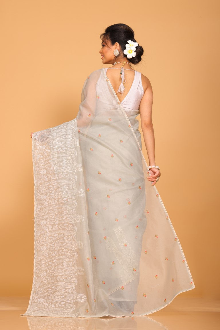 Morchari Cotton Supernet Embroiedery Saree - Dark Grey - Distacart