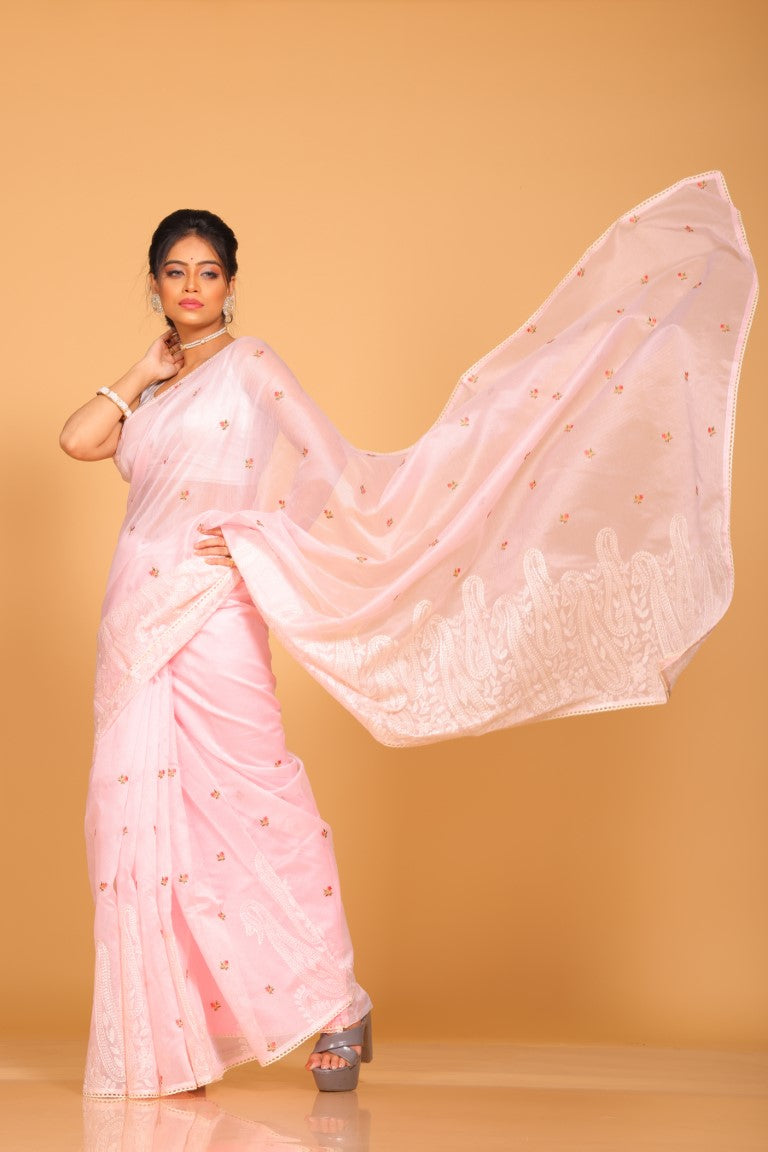 Morchari Cotton Supernet Embroiedery Saree - Light Pink - Distacart