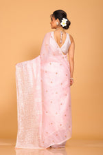 Thumbnail for Morchari Cotton Supernet Embroiedery Saree - Light Pink - Distacart