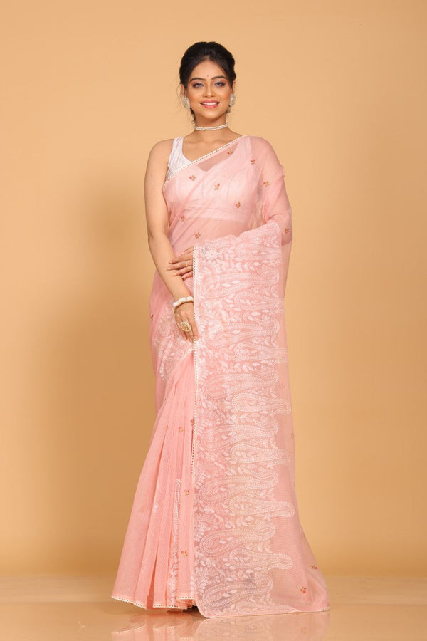 Morchari Cotton Supernet Embroiedery Saree - Onion Shade - Distacart