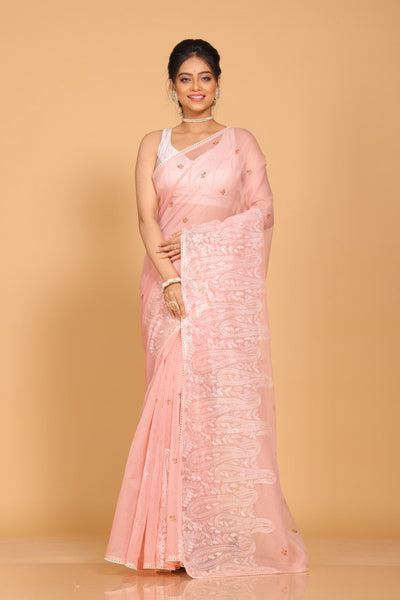 Morchari Cotton Supernet Embroiedery Saree - Onion Shade - Distacart