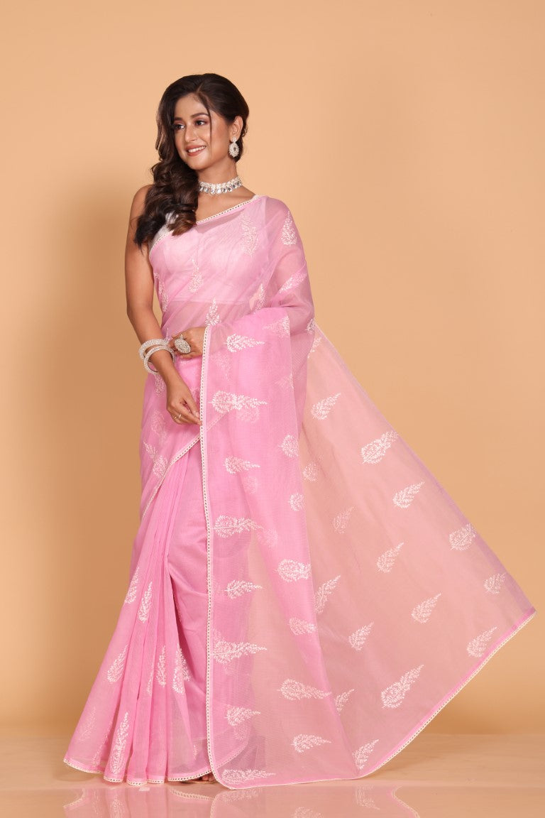 Morchari Cotton Supernet Embroiedery Saree - Pink - Distacart
