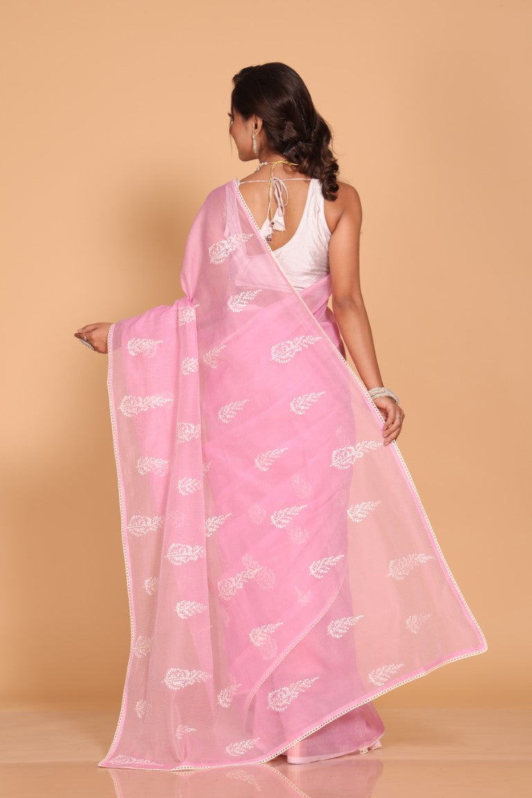 Morchari Cotton Supernet Embroiedery Saree - Pink - Distacart