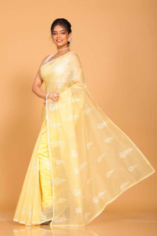 Morchari Cotton Supernet Embroiedery Saree - Yellow - Distacart