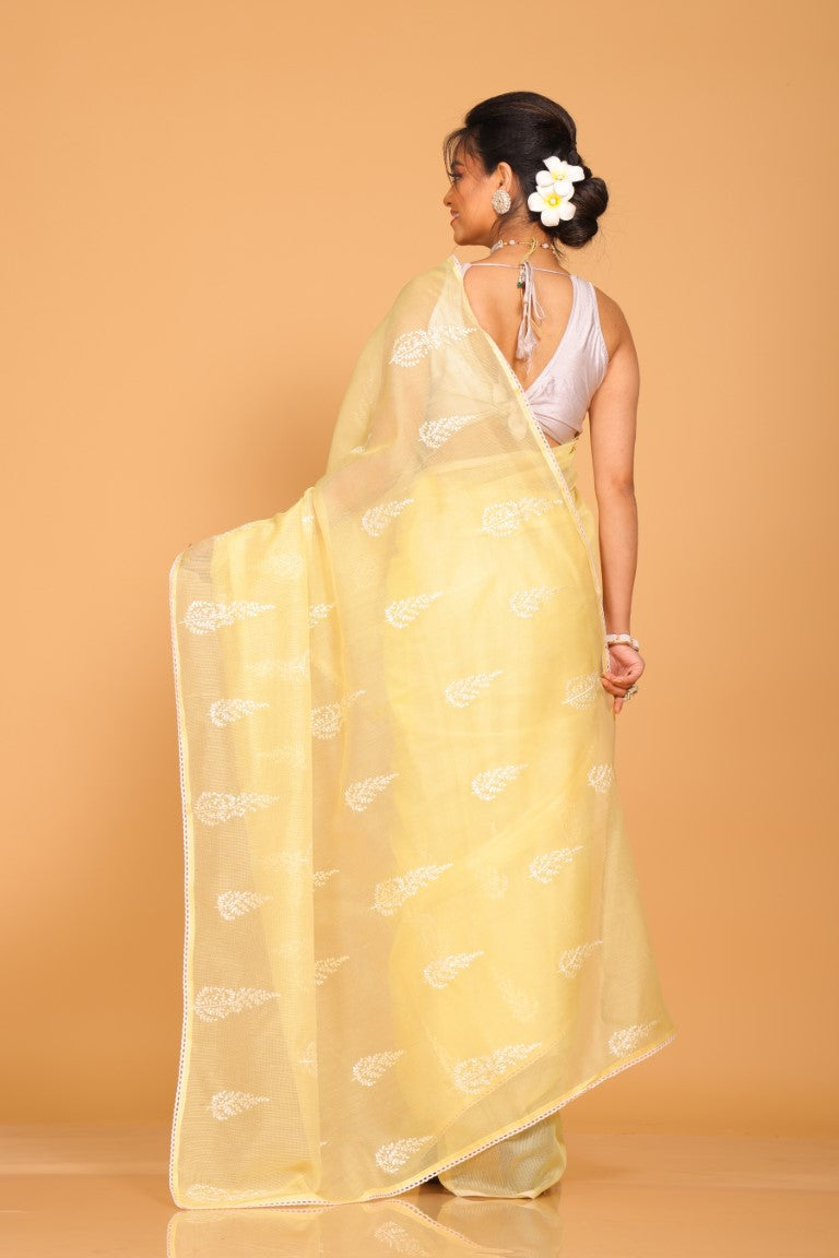 Morchari Cotton Supernet Embroiedery Saree - Yellow - Distacart