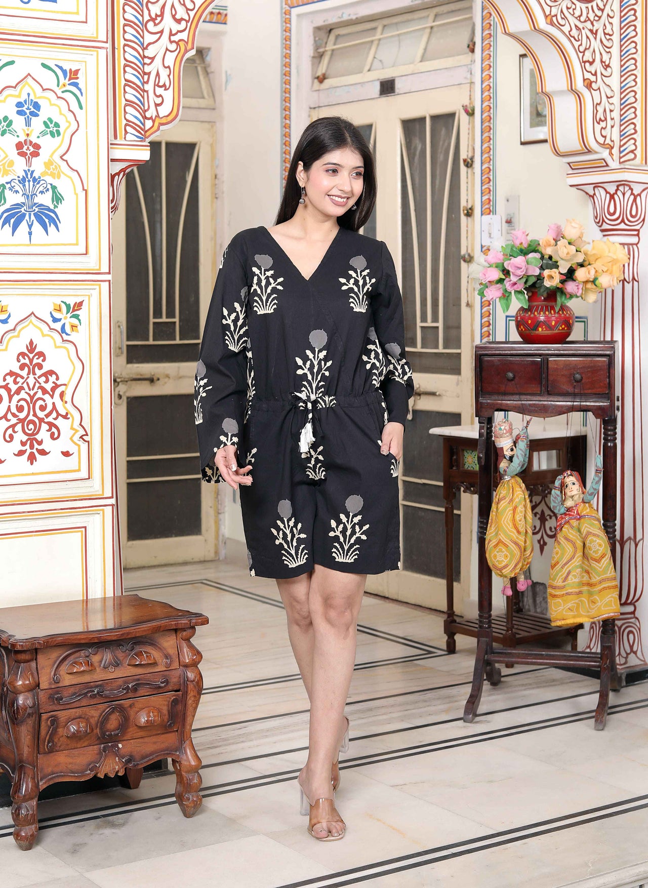 Miravan Women's Pure Cotton Black Waist Tie-Up Back Zip Closure Floral Playsuit
