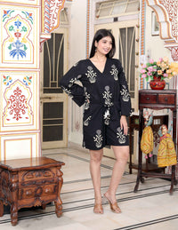 Thumbnail for Miravan Women's Pure Cotton Black Waist Tie-Up Back Zip Closure Floral Playsuit