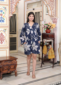 Thumbnail for Miravan Women's Blue V Neck Tie-Ups Floral Pure Cotton Casual Long Sleeves Playsuit