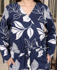 Thumbnail for Miravan Women's Blue V Neck Tie-Ups Floral Pure Cotton Casual Long Sleeves Playsuit